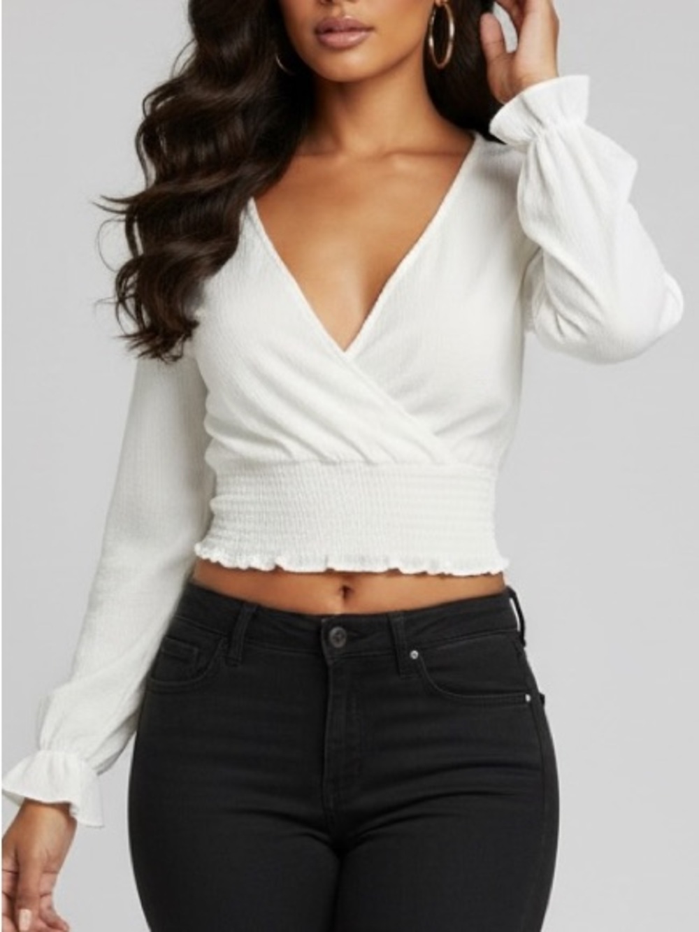 Altar'd State Cream Cropped V-Neck Smocked Waist Top